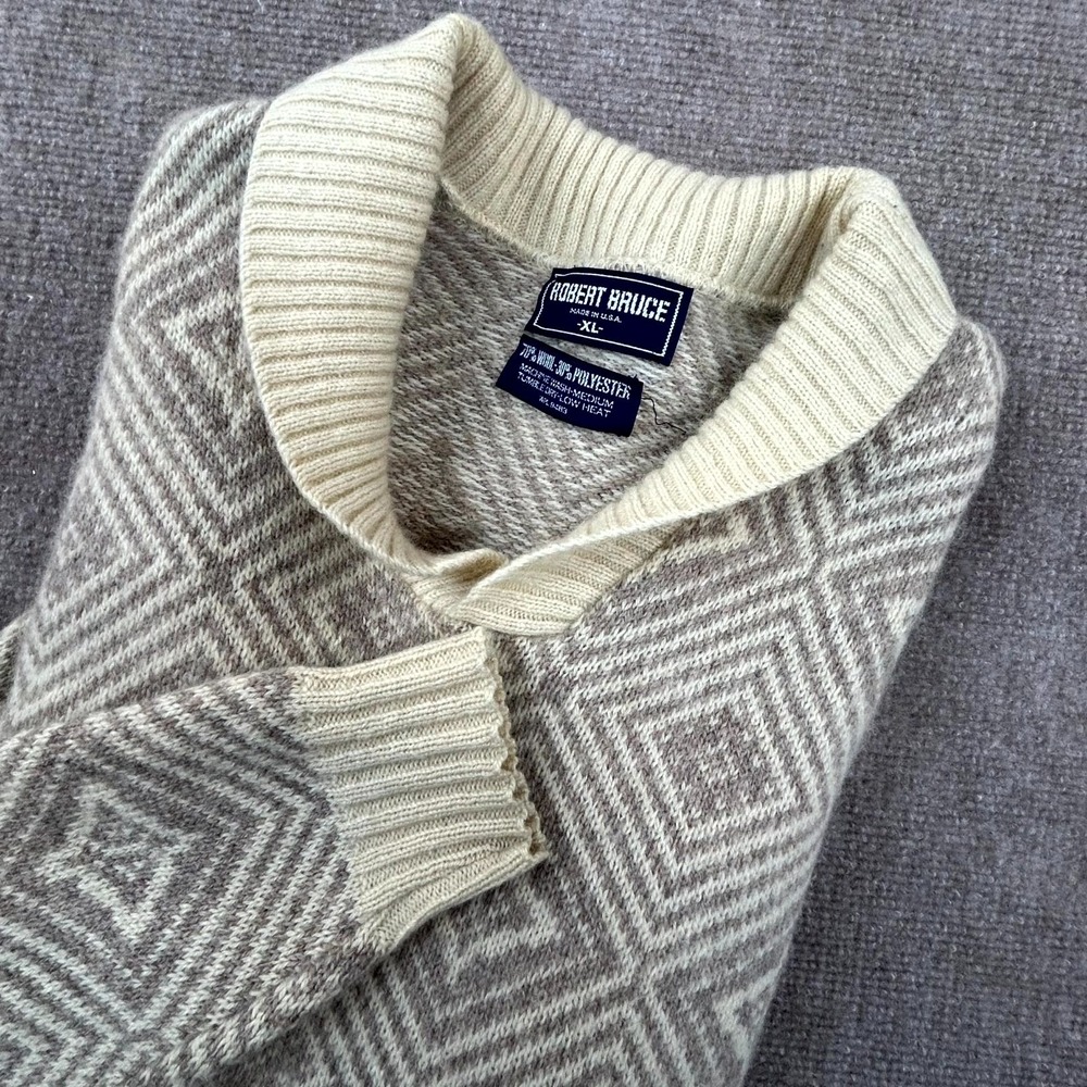 VTG Robert Bruce Sweater Mens XL Beige Gray Geometric Long Sleeve Shawl Collar